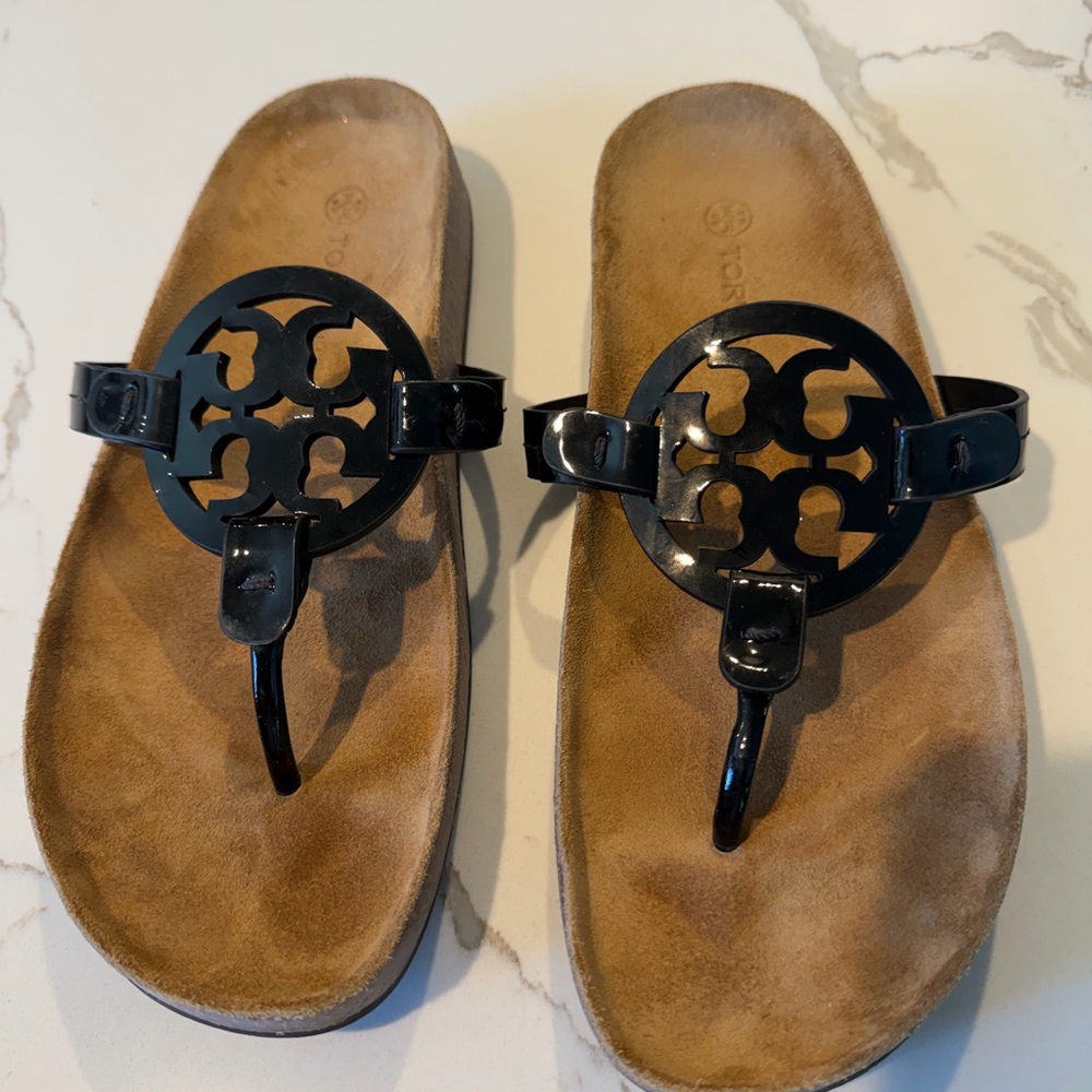 Tory Burch Black Patent Logo Miller Cloud Sandal